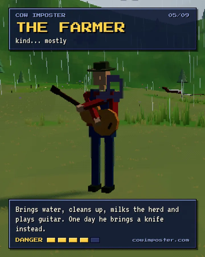 The farmer with his guitar: he brings water, milks the herd and one day brings a knife