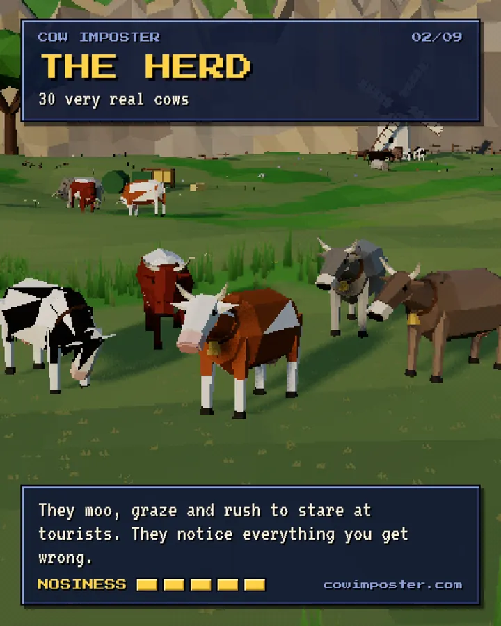 The herd: thirty very real cows grazing on the Alpine meadow