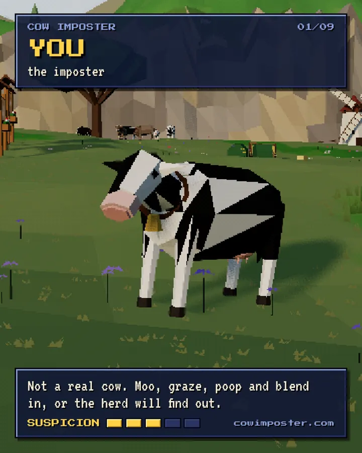 You, the imposter: a black and white cow on the meadow in Cow Imposter